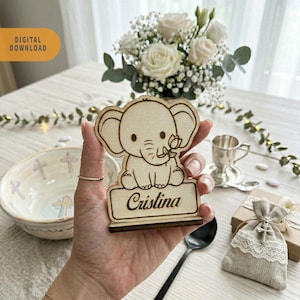 Laser Cut Elephant Place Card SVG, Custom Name Baptism Digital file, Nursery Table Sign, Glowforge, Baby hower decor DXF PDF