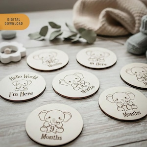 Op de afbeelding: Houten mijlpaalschijven voor baby's met gegraveerde olifantenillustraties en maandmarkeringen. Eén schijf leest "Hello World I'm Here". Andere schijven tonen de maanden 1, 3, 5, 7, 9 en 11. De schijven zijn lichtbruin met donkerbruine randen.