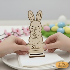 Laser Cut Bunny Place Card SVG | Custom Name Tags Flower Carrot | Easter Baby Shower Birthday Wood MDF Digital Download Glowforge