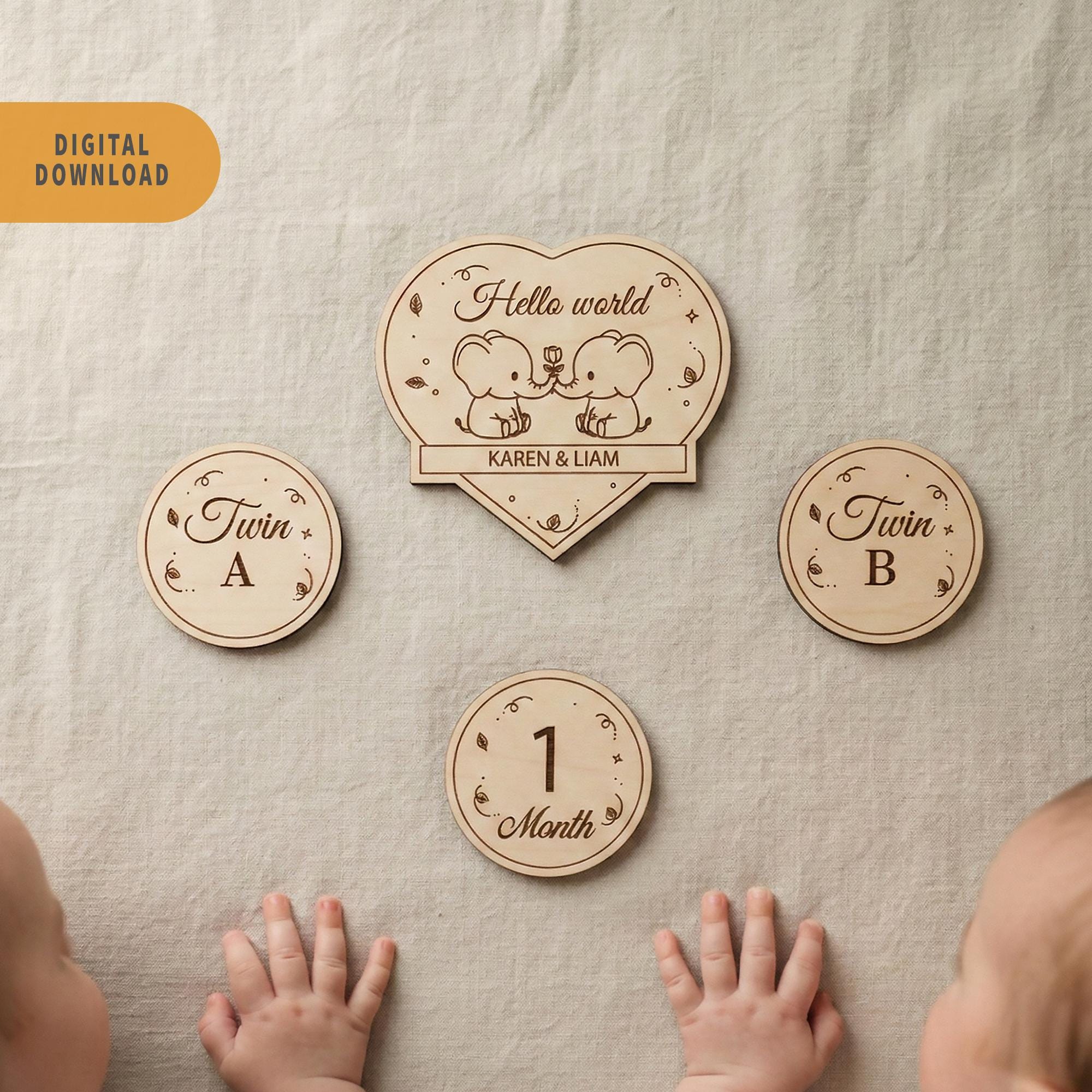 Laser Cut Twin Baby Milestone Elephant SVG Bundle | Customizable Names ...