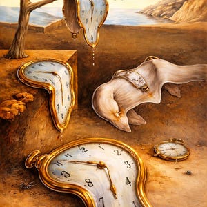 Può includere: Dipinto surrealista con orologi da tasca che si sciolgono con cornici dorate e quadranti bianchi. Un orologio è appeso a un ramo d'albero, mentre altri poggiano su una superficie sabbiosa. Lo sfondo mostra un paesaggio costiero con cielo blu.