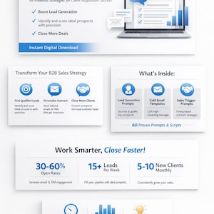 May include: A white graphic with blue accents and text promoting B2B sales strategies. The graphic includes a laptop illustration, icons, and phrases like "Boost Lead Generation" and "Close More Deals." It also highlights open rates and new clients.