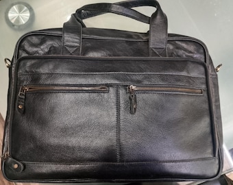 Bolso para portátil de piel de grano completo para hombre, bolso bandolera de 15,6 pulgadas, maletín de piel negra, bolso de trabajo cruzado hecho a mano.