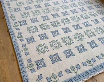 Handmade Hand-Knotted Oushak Wool Rug 8x10 Beige Brown Floral Area Rug for Living Room Boho Scandinavian Decor