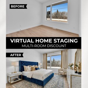 May include: A split image showcasing a before-and-after comparison of a bedroom. The "Before" image displays an empty room with light wood flooring and a window. The "After" image reveals a fully furnished bedroom with a blue bed, rug, and furniture. Text reads "Virtual Home Staging".