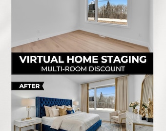 Visualización de la transformación de una habitación vacía, puesta en escena virtual de interiores, servicio digital, mejora de fotografías inmobiliarias, marketing inmobiliario