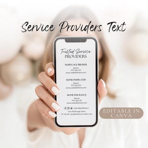 May include: A smartphone displaying a business card template with the text "Trusted Service Providers." The card includes contact information for a mortgage broker, home inspector, and home insurance. The words "Service Providers Text" are at the top.