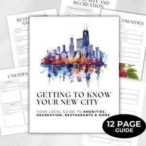 May include: A white guide titled "Getting to Know Your New City" with a watercolor skyline illustration. The guide includes sections for amenities, recreation, restaurants, and more. A black sticker reads "12 Page Guide."