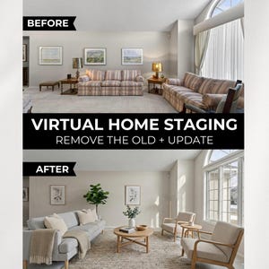 Puede incluir: Comparación del antes y el después de una sala de estar. La imagen del "antes" muestra muebles y decoración anticuados, mientras que la imagen del "después" muestra un espacio moderno y actualizado con un sofá gris, sillas neutras y una mesa de centro redonda. El texto dice "VIRTUAL HOME STAGING".
