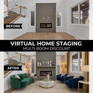 May include: A split image showing a living room before and after virtual staging. The "Before" image shows an empty room with a fireplace. The "After" image displays a furnished living room with a green sofa, blue armchairs, and a coffee table. Text reads "Virtual Home Staging".