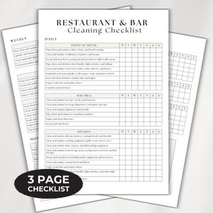 Puede incluir: Una lista de verificación de limpieza de restaurantes y bares de tres páginas. La lista de verificación incluye secciones para tareas semanales y diarias, como limpiar mesas, baños y equipos de cocina. Impreso en papel blanco con texto negro.