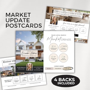 Könnte beinhalten: Ein Stapel Postkarten mit Immobilienmarkt-Updates. Die Postkarten zeigen Bilder von Häusern, Agenteninformationen und Marktdaten. Der Text enthält "Market Update Postcards", "Your Dream Home is Waiting for You!" und "4 Backs Included".
