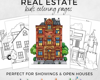 Página para colorear de bienes raíces, actividad imprimible de la casa para niños, hoja abierta, descarga digital, archivo PDF, material de marketing inmobiliario, regalo para niños