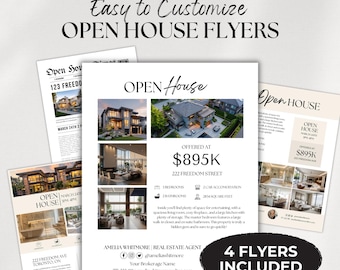 Paquete de plantillas de volantes de puertas abiertas para inmobiliarias de lujo, diseño Canva, material de marketing profesional para agentes inmobiliarios, listado de propiedades digitales editable.