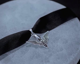 Gothic Bat Choker – Black Ribbon Bat Necklace, Vampire Halloween Jewelry