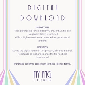 My PNG Studio digital download information card explaining instant digital file purchase and printing information.