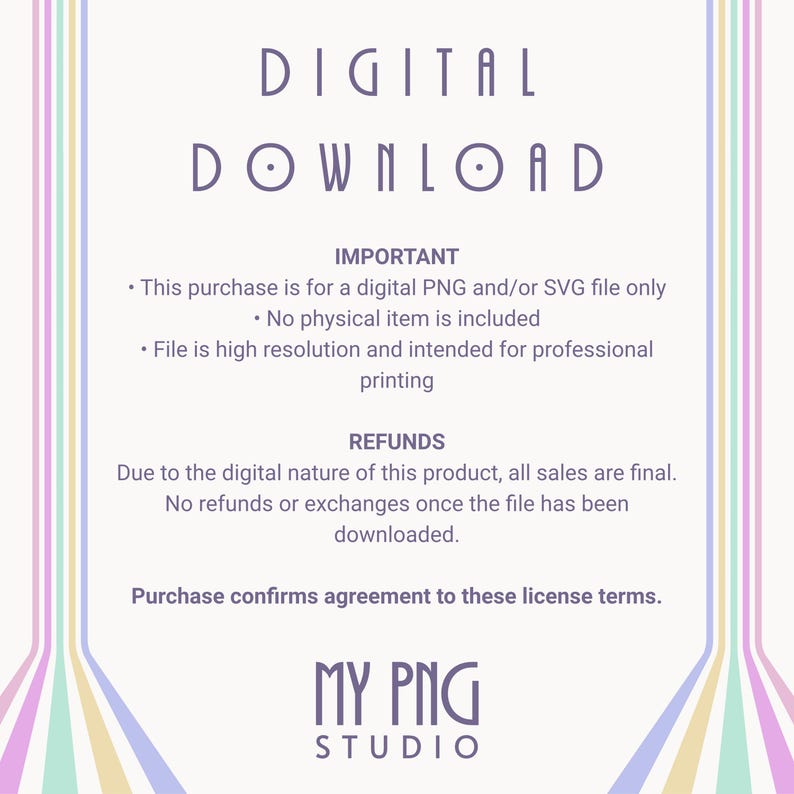 My PNG Studio digital download information card explaining instant digital file purchase and printing information.