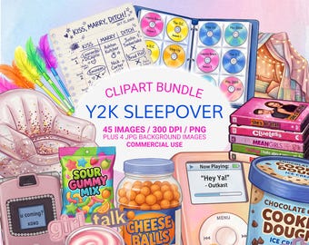 Y2K Sleepover Clipart Bundle PNG, Girls Night Graphics, 2000s Nostalgia Kit, Cute Retro Elements, 45 PNG Images