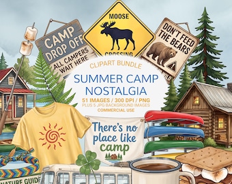 Summer Camp Clipart Bundle PNG, Campcore Nostalgia Graphics, Childhood Summer Aesthetic, Cozy Camping Elements Set
