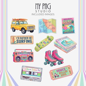 Included retro California beach clipart featuring yellow surf truck, pastel travel map, Venice surf festival poster, retro boombox, cassette tape, roller skates, roller rink ticket, skateboard, surf books, and surfing sign.