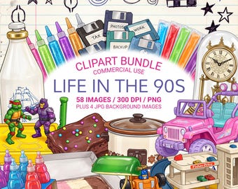 May include: A digital illustration featuring 90s themed items including floppy disks, glitter glue pens, a slow cooker, a pink toy jeep, a toy garage, a green desk lamp, a chocolate brownie, ice cream, and action figures on lined paper.
