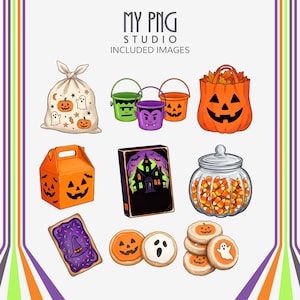 Halloween snack clipart set including candy corn jar, cookies, caramel apple, pumpkin bags and party decor items