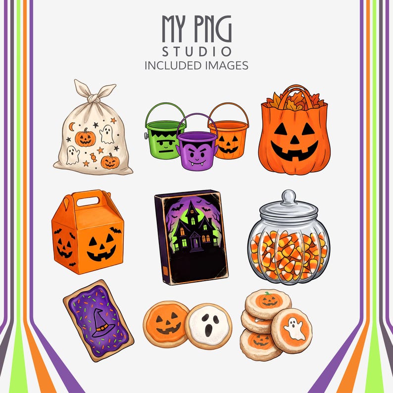Halloween snack clipart set including candy corn jar, cookies, caramel apple, pumpkin bags and party decor items