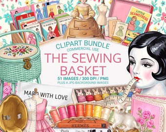 Sewing Clipart Bundle, 51 Vintage Sewing PNGs, Quilting Haberdashery Clip Art, Seamstress Craft Supplies, 4 JPG Papers