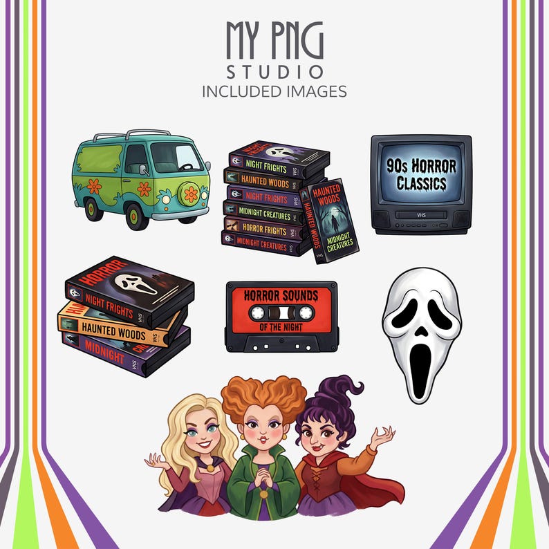 Retro Halloween clipart with horror VHS tapes, cassette tape, ghost mask, vintage TV and spooky movie themed characters