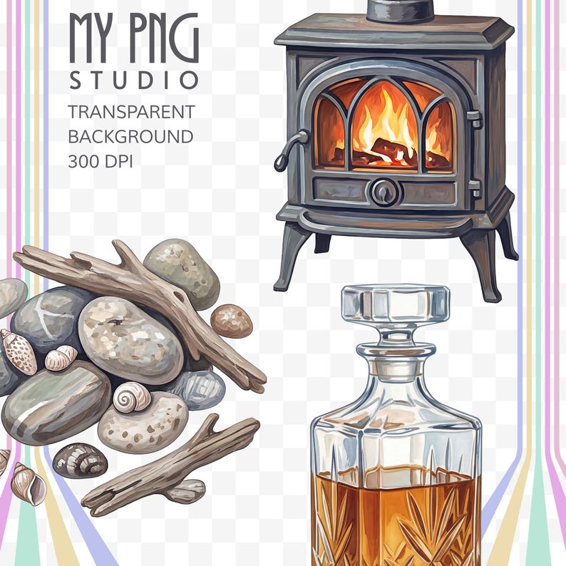 Watercolor lake life PNG clipart preview featuring transparent background graphics including rustic cabin stove, whiskey decanter, driftwood stones, and cozy lakehouse aesthetic elements