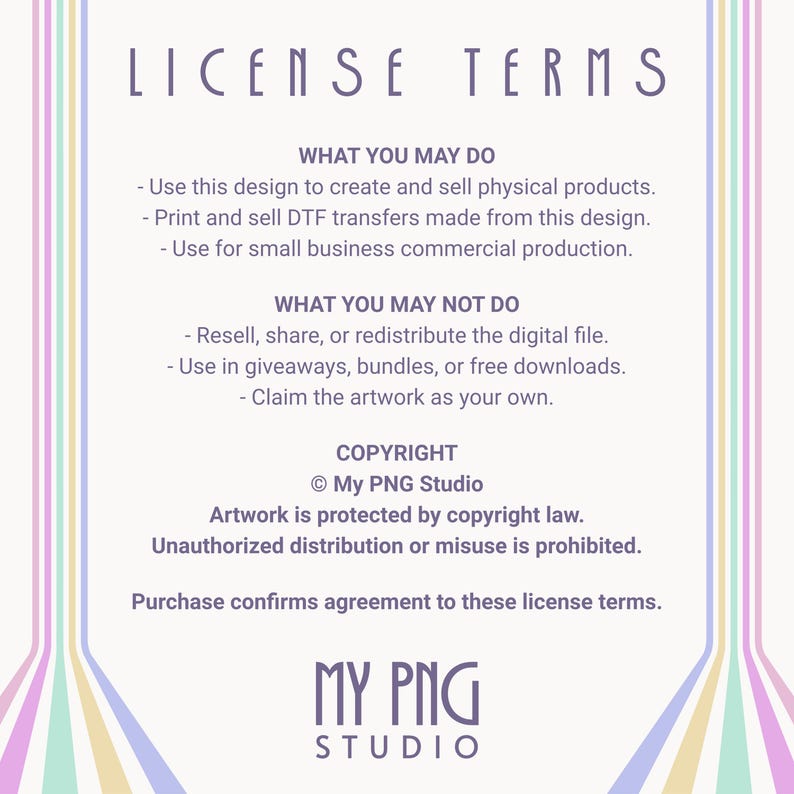 You may use these graphics for personal and small commercial use.

You may use them on finished products such as:

• stickers
• prints
• apparel
• crafts
• digital designs

You may not resell, redistribute, or share the original files.