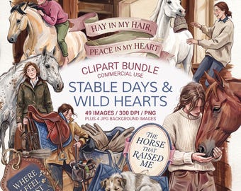 Horse Girl PNG Bundle, Equestrian Clipart, Stable Life, Horse Riding Graphics, Gouache Horse Art, Junk Journal & Scrapbook, Commercial Use