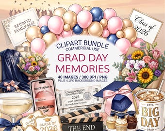 Graduation Clipart Bundle PNG, Grad Party Ephemera, Coquette Graduation PNG, Class of 2026 Scrapbook Kit