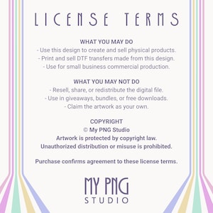 My PNG Studio commercial license terms information card with pastel retro border and usage rules for digital clipart files.