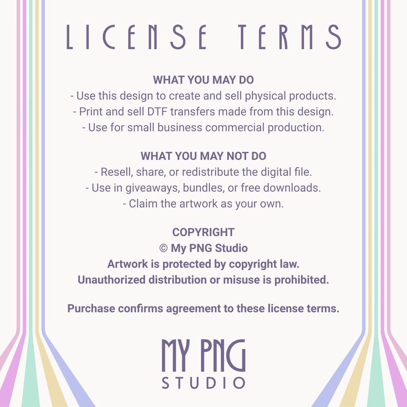 My PNG Studio commercial license terms information card with pastel retro border and usage rules for digital clipart files.