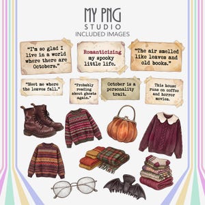 Autumn quote PNG collection featuring spooky cozy sayings on vintage paper notes with fall sweaters, plaid blankets, pumpkin purse, bat illustration, rainy glasses, and cozy October accessories.