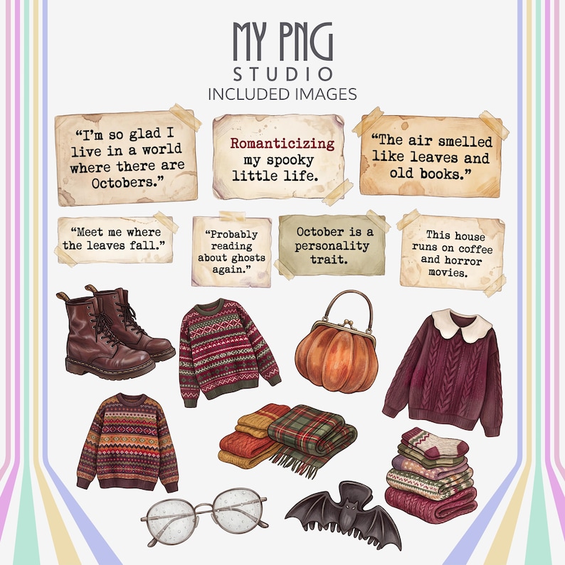 Autumn quote PNG collection featuring spooky cozy sayings on vintage paper notes with fall sweaters, plaid blankets, pumpkin purse, bat illustration, rainy glasses, and cozy October accessories.
