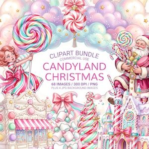 以下が含まれることがあります： 「Candyland Christmas」と題された68枚の画像を含むデジタルクリップアートバンドル。大きなペロペロキャンディを持つ子供、お菓子を持ったサンタクロース、キャンディショップ、マシュマロの木、パステルカラーの雲を背景にした城が描かれています。