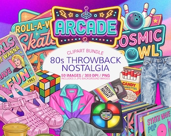 80s Nostalgia Clipart Bundle PNG, Retro Neon Graphics, Vintage 1980s Elements Pack, Commercial Use PNG, Sublimation Design Kit