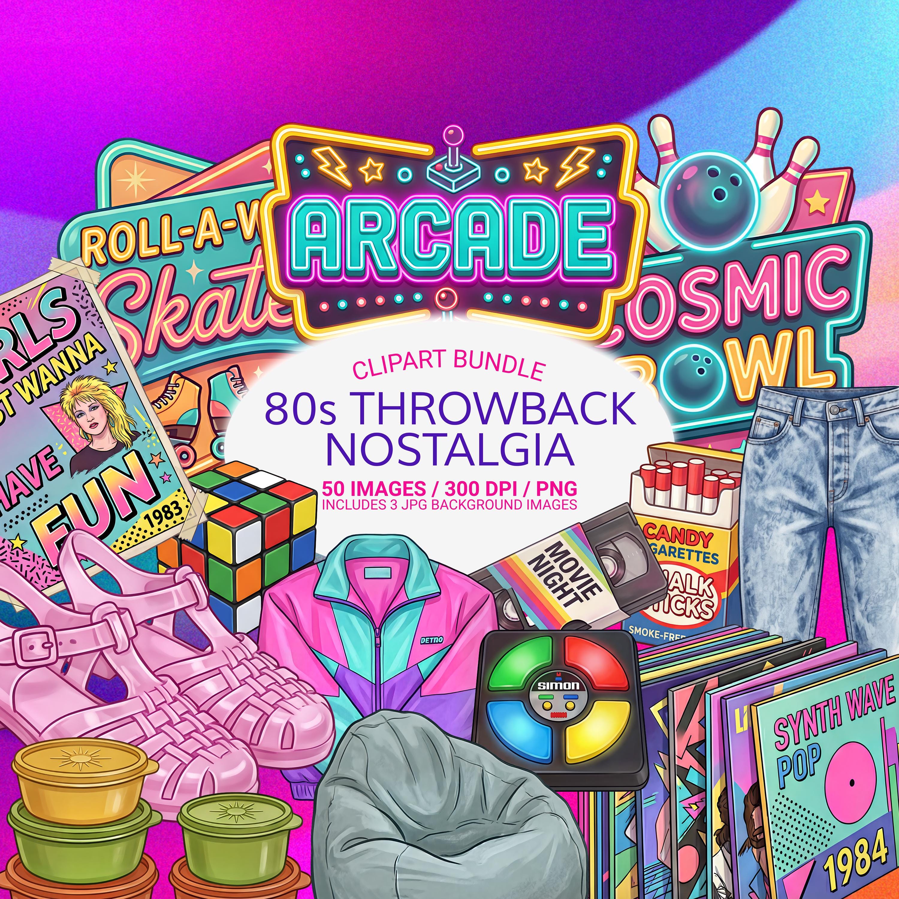 80s Nostalgia Clipart Bundle PNG, Retro Neon Graphics, Vintage 1980s ...