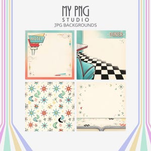 Retro scrapbook and junk journal background papers with atomic starburst wallpaper, diner booth scene, motel ephemera layout, and vintage Americana paper textures.