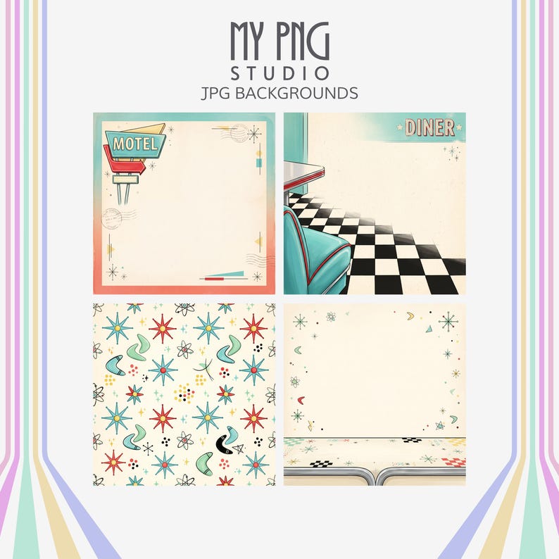 Retro scrapbook and junk journal background papers with atomic starburst wallpaper, diner booth scene, motel ephemera layout, and vintage Americana paper textures.