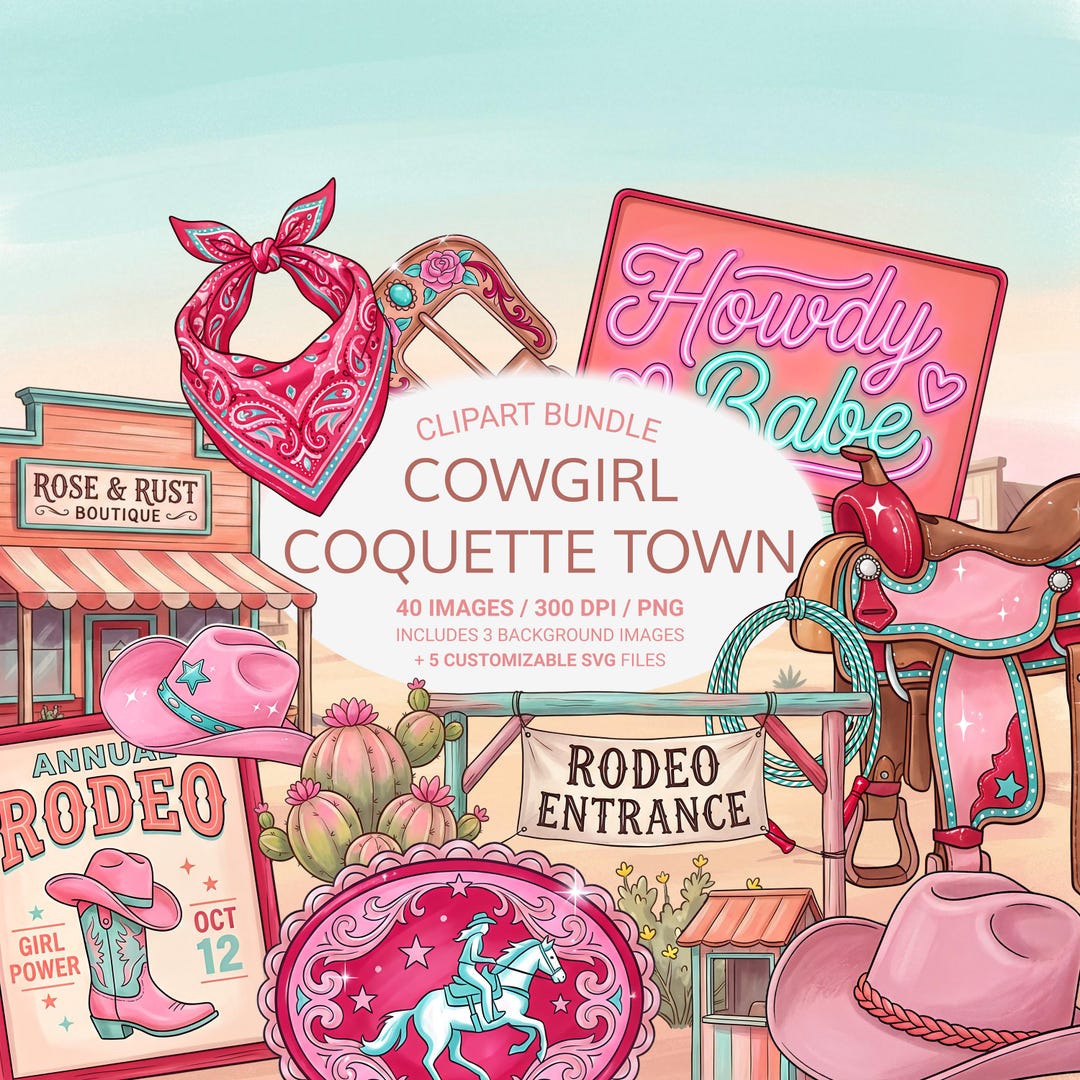 retro cowgirl art prints - set of 3 - digital download... Retro Cowgirl Clipart Bundle, Western PNG Set, Coquette Rodeo Graphics ...