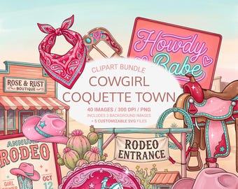 Retro Cowgirl Clipart Bundle, Western PNG Set, Coquette Rodeo Graphics, Pink Western Aesthetic, Sublimation, Stickers, SVG Files