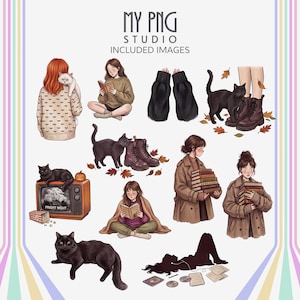 Cozy spooky girl clipart collection featuring readers with books, black cats, oversized sweaters, boots with autumn leaves, vintage television, and soft fall aesthetic illustrations.