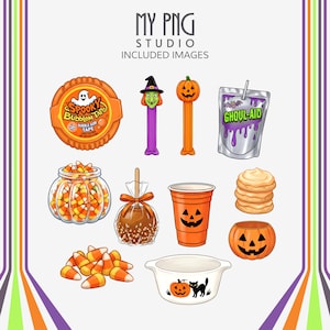 Halloween snack clipart set including candy corn jar, cookies, caramel apple, pumpkin bags and party decor items

Halloween treat and decor PNG elements including cups, candy, ghoul drink pouch and pumpkin themed accessories