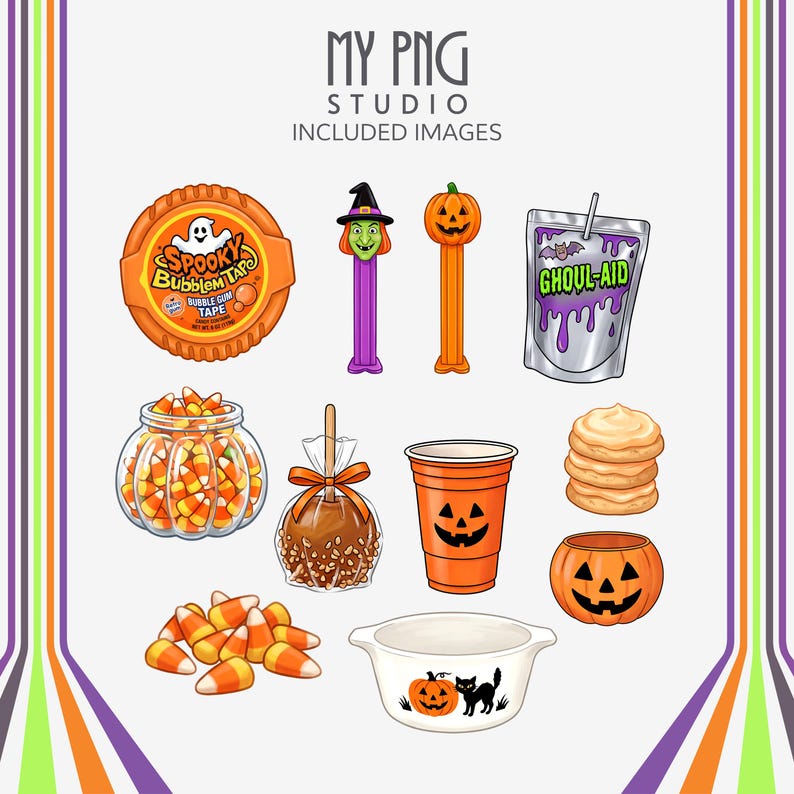 Halloween snack clipart set including candy corn jar, cookies, caramel apple, pumpkin bags and party decor items

Halloween treat and decor PNG elements including cups, candy, ghoul drink pouch and pumpkin themed accessories