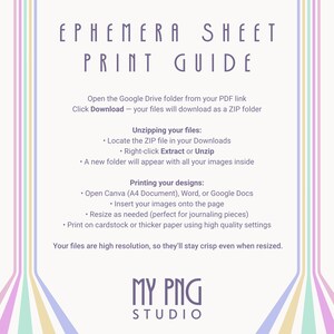 Ephemera sheet print guide showing how to download, unzip, resize, and print the Venice Beach scrapbook clipart bundle for journaling and crafts.