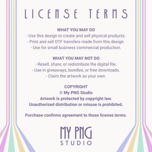 Commercial use license terms image for My PNG Studio digital clipart bundle explaining permitted and prohibited usage for small business products and digital artwork redistribution.