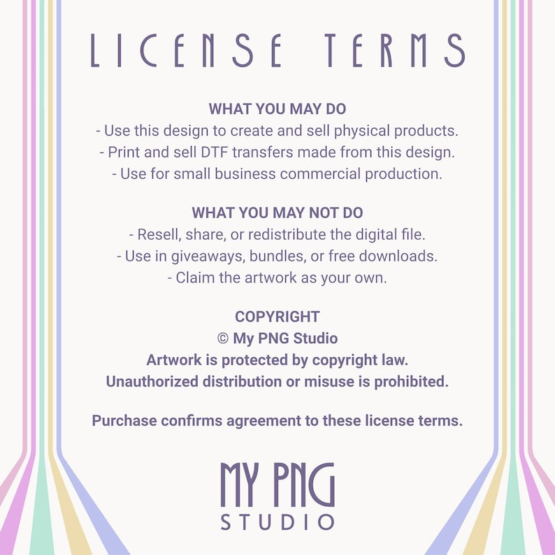 Commercial use license terms image for My PNG Studio digital clipart bundle explaining permitted and prohibited usage for small business products and digital artwork redistribution.